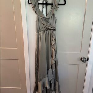 Show Me Your MuMu Silver Ruffle High Low Dress Sage Green Satin